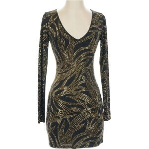 Bebe Floral Embellished Party Dress Black Gold XS